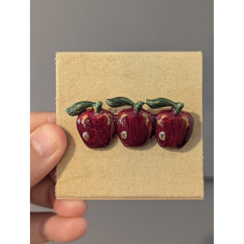 VTG Talbots Enamel Triple Apple Brooch Red Gold Tone Pin Teacher Gift Fall
